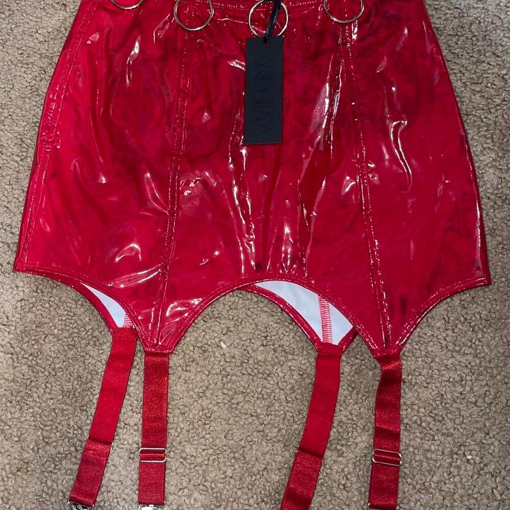 Widow - PVC, vinyl mini skirt, O ring detail, IMPERFECT, garter straps
